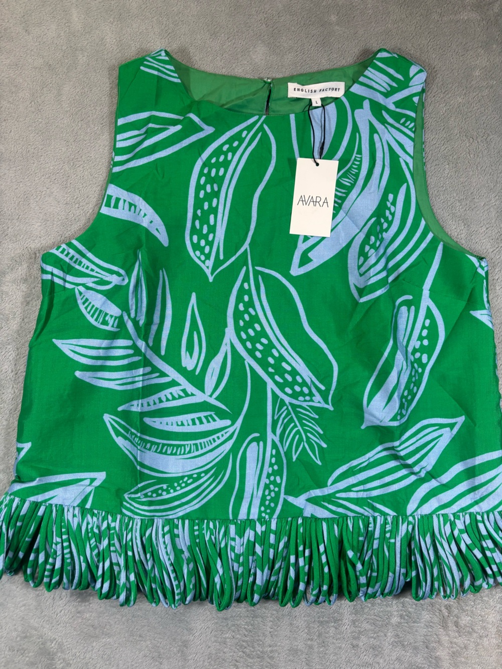 NWT English Laundry x Avara Angelina Green Zebra Fringe Top Modal Mix
